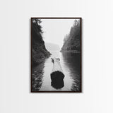 Driftwood Log, River Pass, Nature Silence, Misty Gorge, Framed Canvas Print, Office Wall Art, Modern Nature Decor, Moody Forest Style