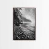 Foggy Coast, Moody Shore, Tranquil Pebbles, Forest Water, Framed Canvas Print, Bathroom Wall Art, Nature Photography Style, Calm Retreat Decor