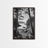 Woodland Cove Path, Tranquil Forest Scene, Nature Escape Art, Canvas Print, Cabin Wall Art, Coastal Boho Decor, Black White Landscape