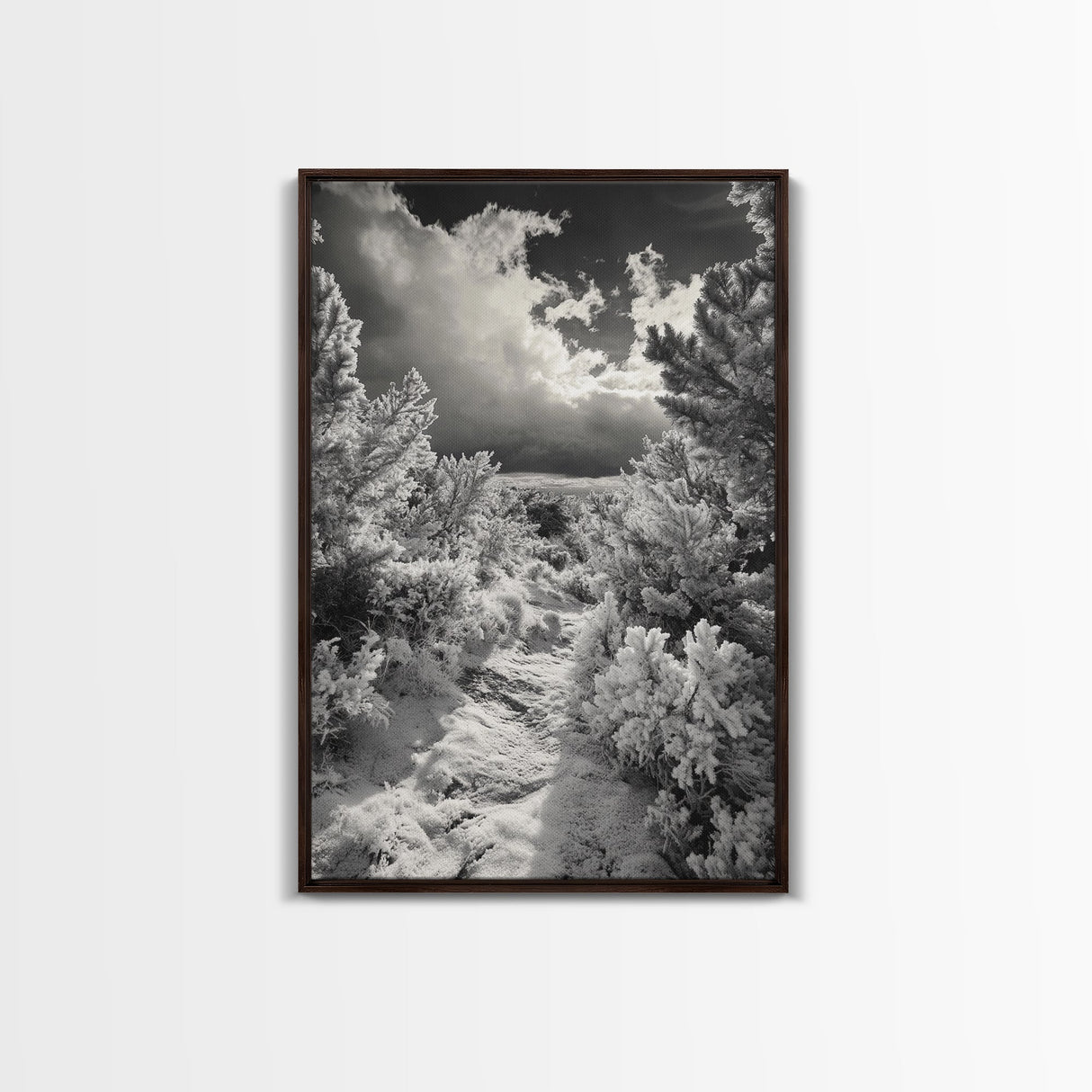 Snowy Pine Path, Winter Forest Light, Frozen Landscape Art, Canvas Print, Holiday Wall Art, Minimalist Winter, Nordic Style Decor