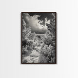 Snowy Pine Path, Winter Forest Light, Frozen Landscape Art, Canvas Print, Holiday Wall Art, Minimalist Winter, Nordic Style Decor