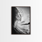 Ocean Wave Curl, Sea Barrel Art, Surf Power Print, Framed Canvas Print, Bathroom Wall Art, Modern Beach Decor, Black White Seascape