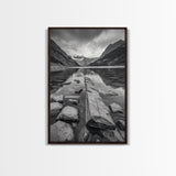 Mountain Lake Log, Alpine Serenity Scene, Tranquil Rock Shore, Canvas Print, Bedroom Wall Art, Nature Retreat, Minimalist Landscape