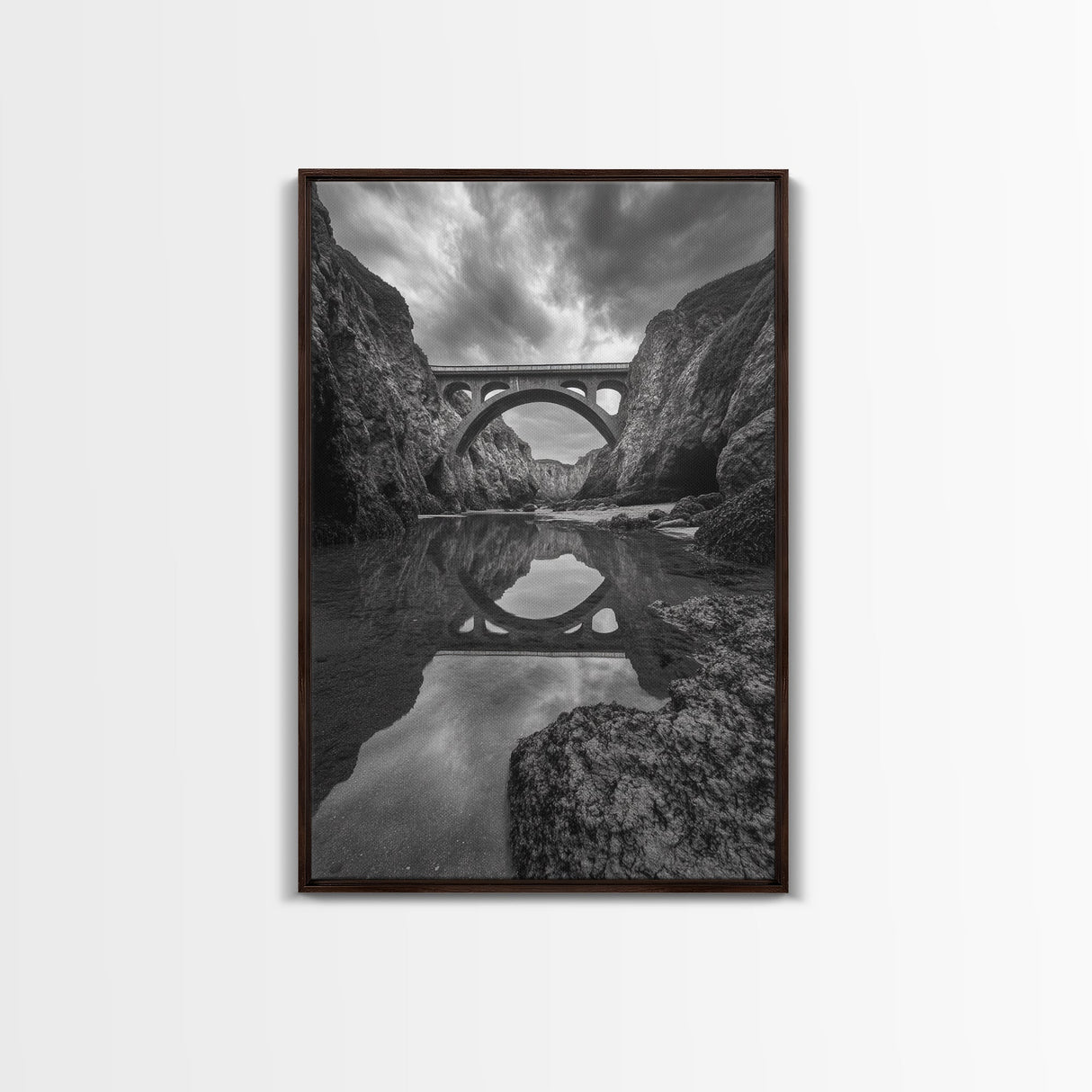 Stone Bridge, Reflections, River Archway, Nature Drama, Framed Canvas Print, Landscape Wall Art, Monochrome Photography, Entryway Art