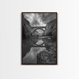 Stone Bridge, Reflections, River Archway, Nature Drama, Framed Canvas Print, Landscape Wall Art, Monochrome Photography, Entryway Art