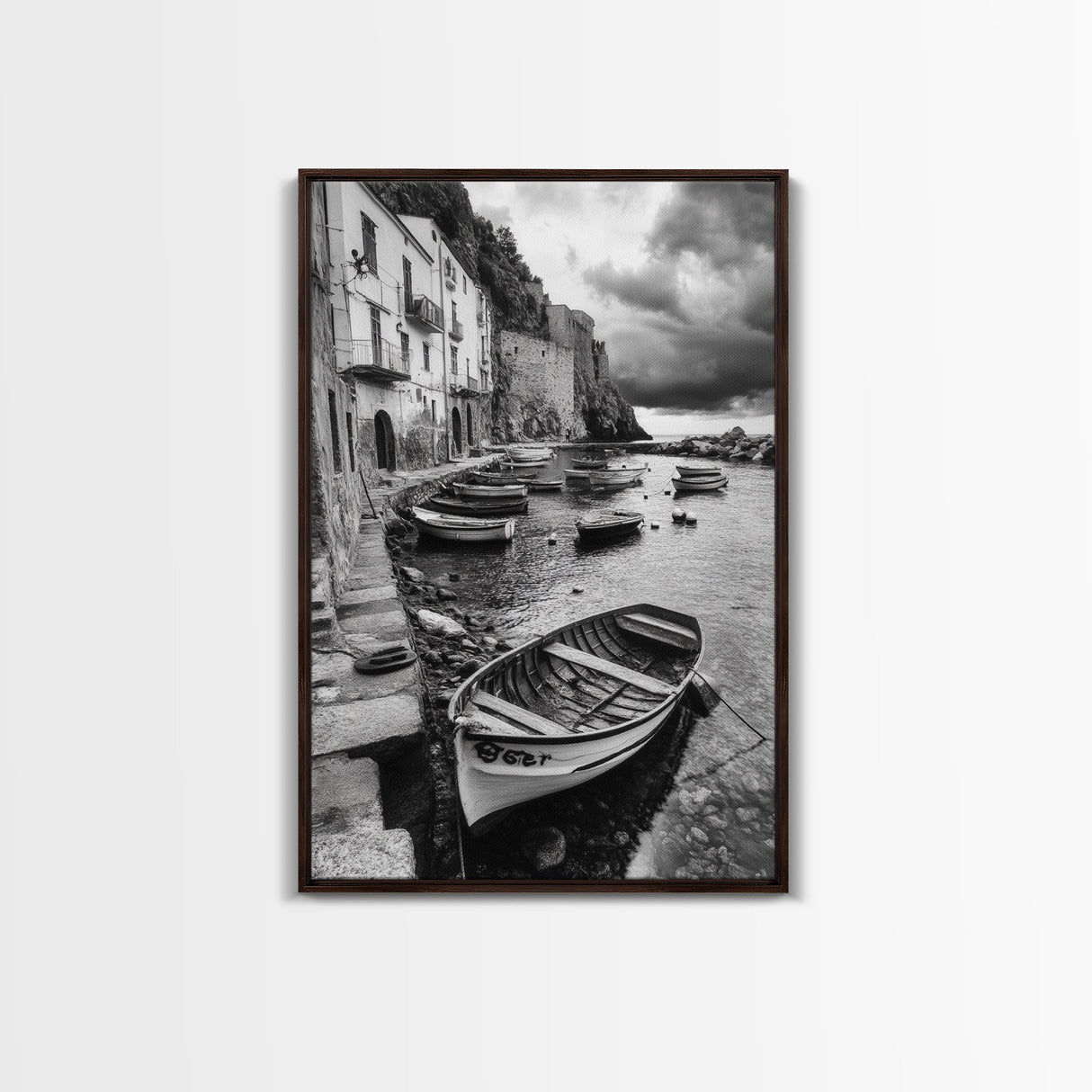 Coastal Village, Fishing Boats, Mediterranean Harbor, Seaside Charm, Framed Canvas Print, Nautical Kitchen Wall Art, Fall Decor Accent