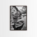 Coastal Village, Fishing Boats, Mediterranean Harbor, Seaside Charm, Framed Canvas Print, Nautical Kitchen Wall Art, Fall Decor Accent