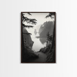 Forest Cliffs, Ocean Pathway, Misty Coast, Woodland Escape, Framed Canvas Print, Cabin Wall Art, Nature Trail Aesthetic, Autumn Mood Art