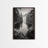 Misty Forest, River Reflection, Foggy Pines, Mountain Silence, Framed Canvas Print, Bedroom Wall Art, Tranquil Nature Photography, Zen Decor