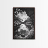 Serene River Reflection, Cave View, Monochrome Nature, Framed Canvas Print, Living Room Wall Art, Tranquil Landscape, Minimalist Decor