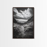 Highland Ocean Trail, Dramatic Clouds, Monochrome Nature, Canvas Print, Office Wall Art, Adventure Landscape, Rustic Home Decor
