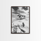 Frozen Cabin Scene, Snowy Landscape, Winter Monochrome, Canvas Print, Cabin Wall Art, Rustic Winter Decor, Nature Photography