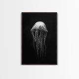 Elegant Jellyfish Art, Ocean Wildlife, Monochrome Marine, Framed Canvas Print, Bathroom Decor, Nautical Wall Art, Minimalist Sea Life