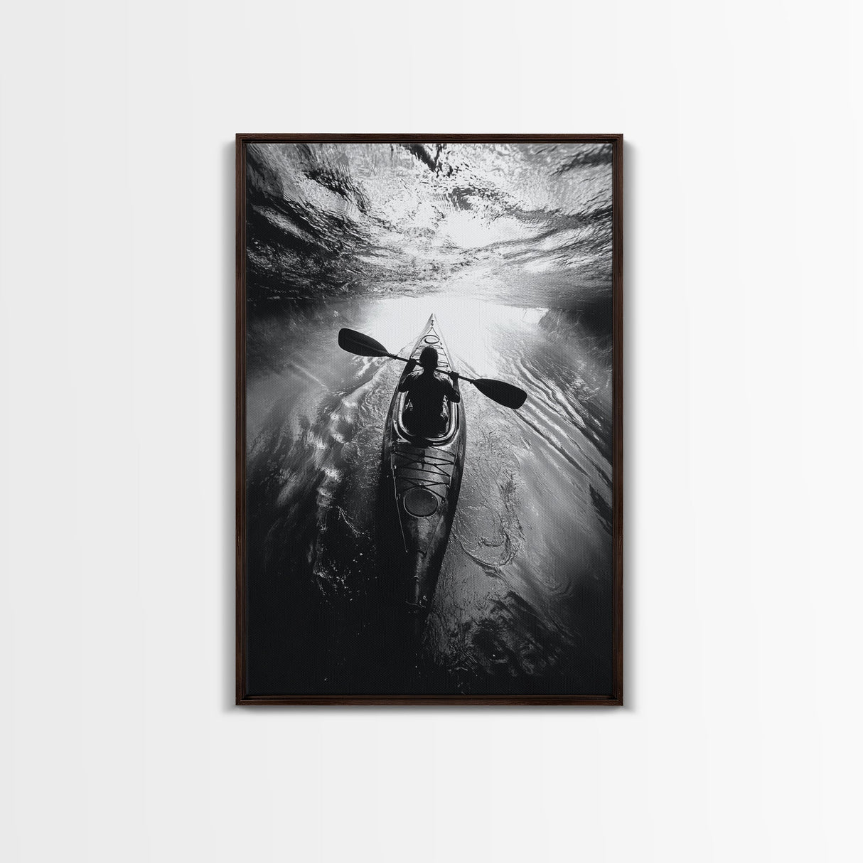Kayaking Exploration, River Reflections, Adventure Sport, Framed Canvas Print, Office Wall Art, Moody Travel Photography, Nature Wall Decor