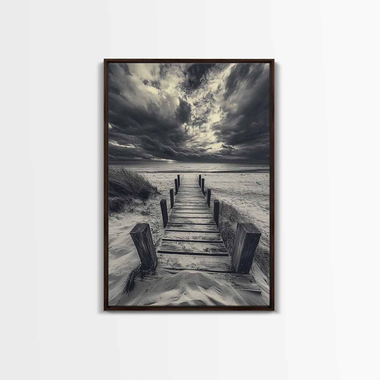 Stormy Beach Dock, Dramatic Skies, Coastal Mood, Framed Canvas Print, Fall Wall Art, Entryway Decor, Moody Seascape, Rustic Coastal Home