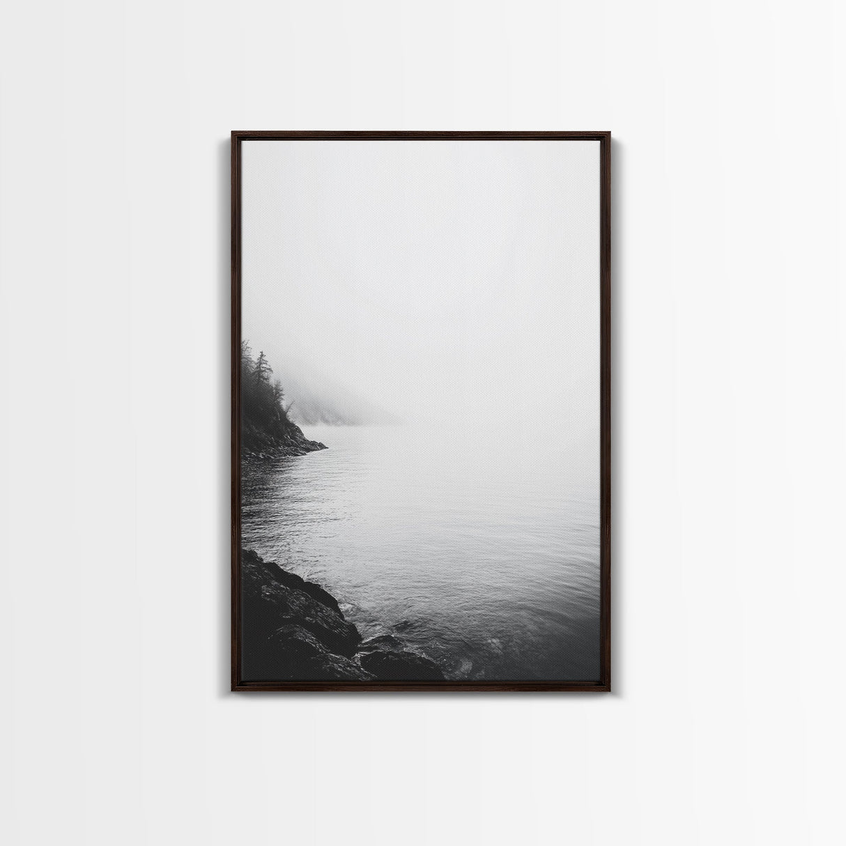 Misty Lakeshore, Foggy Forest Water, Monochrome Tranquility, Framed Canvas Print, Minimalist Art, Calm Landscape, Bedroom Wall Decor