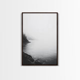 Misty Lakeshore, Foggy Forest Water, Monochrome Tranquility, Framed Canvas Print, Minimalist Art, Calm Landscape, Bedroom Wall Decor