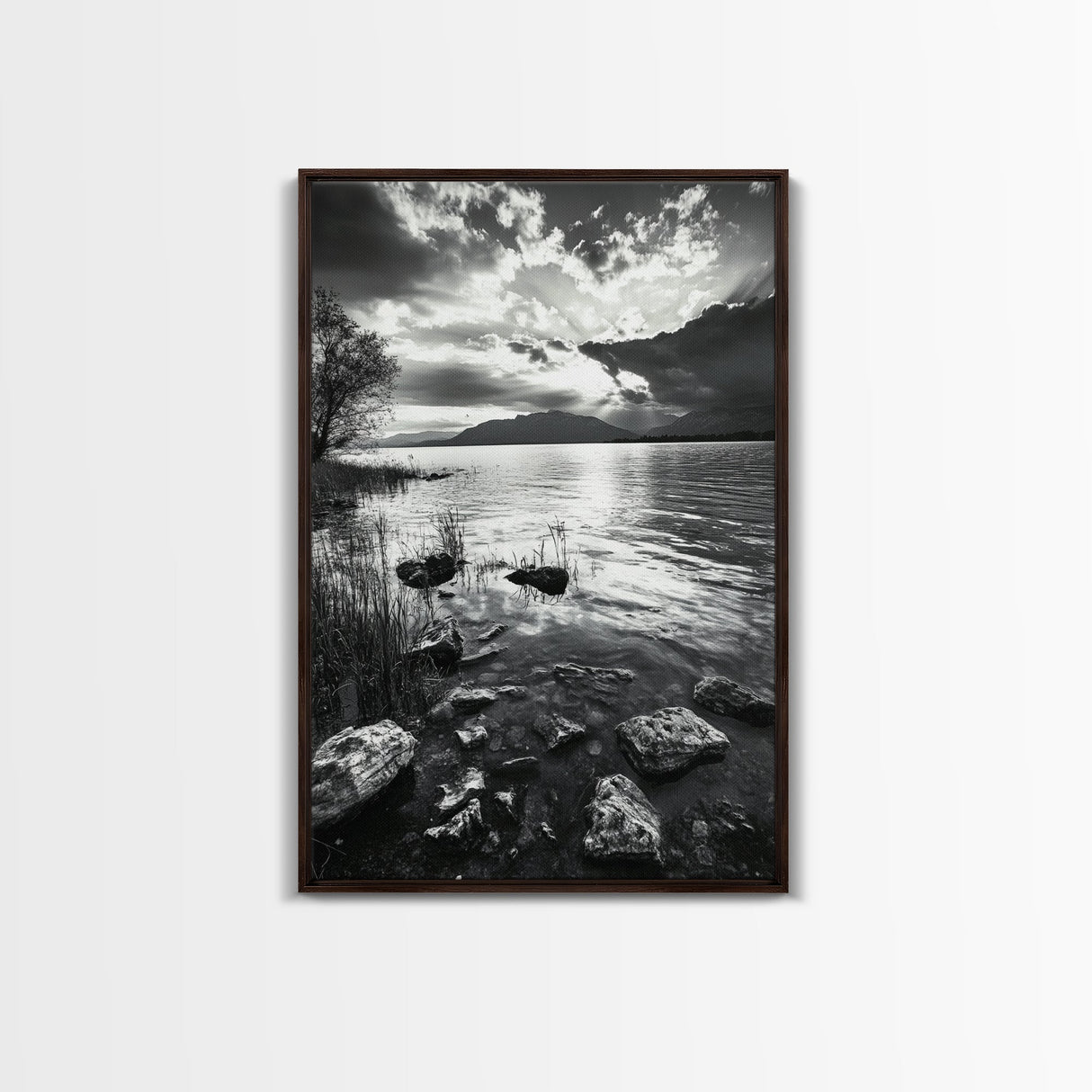Lake Sunset View, Peaceful Mountainscape, Nature Reflection, Framed Canvas Print, Living Room Wall Art, Tranquil Scenic Landscape