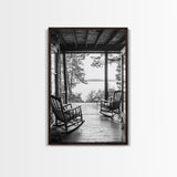 Rustic Porch View, Cabin Serenity, Lakefront Rocking Chairs, Framed Canvas Print, Farmhouse Wall Art, Living Room Decor, Fall Home Style