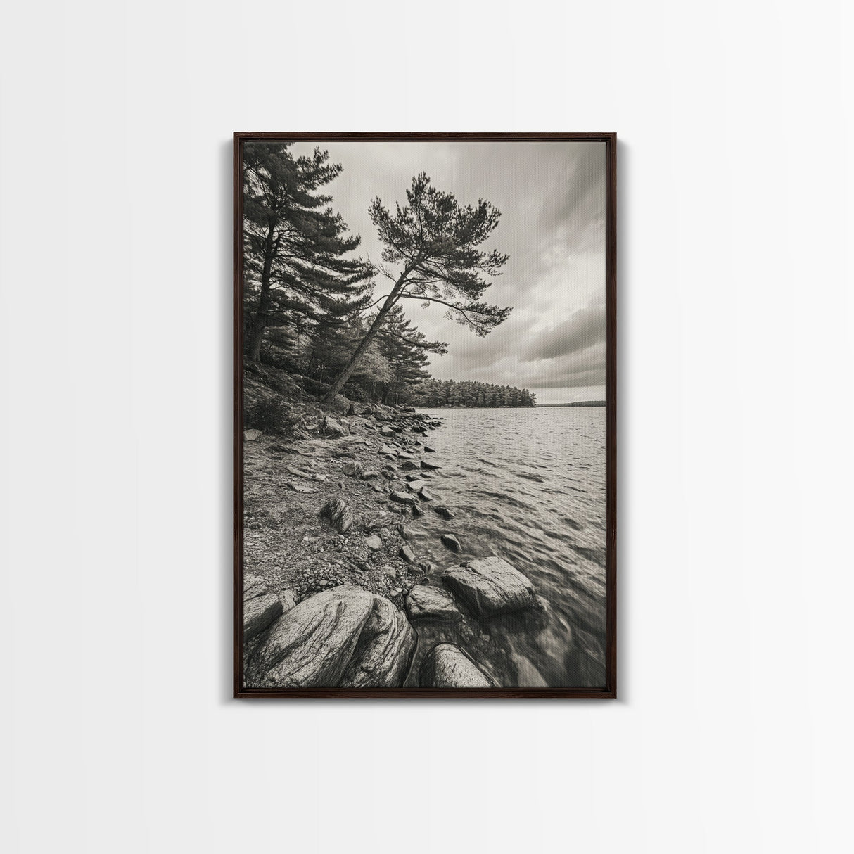 Pine Shoreline Landscape, Calm Water Trees, Autumn Mood, Canvas Print, Rustic Cabin Wall Art, Bedroom Nature Decor, Earthy Photography
