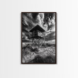 Lifeguard Tower Drama, Windy Beach Sky, Ocean Landscape, Canvas Print, Coastal Wall Art, Moody Surreal Decor, Living Room Statement Art
