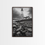 Lighthouse Shore Rocks, Coastal Beacon, Moody Clouds, Framed Canvas Print, Nautical Wall Art, Rustic Beach House Decor, Fall Storm Style