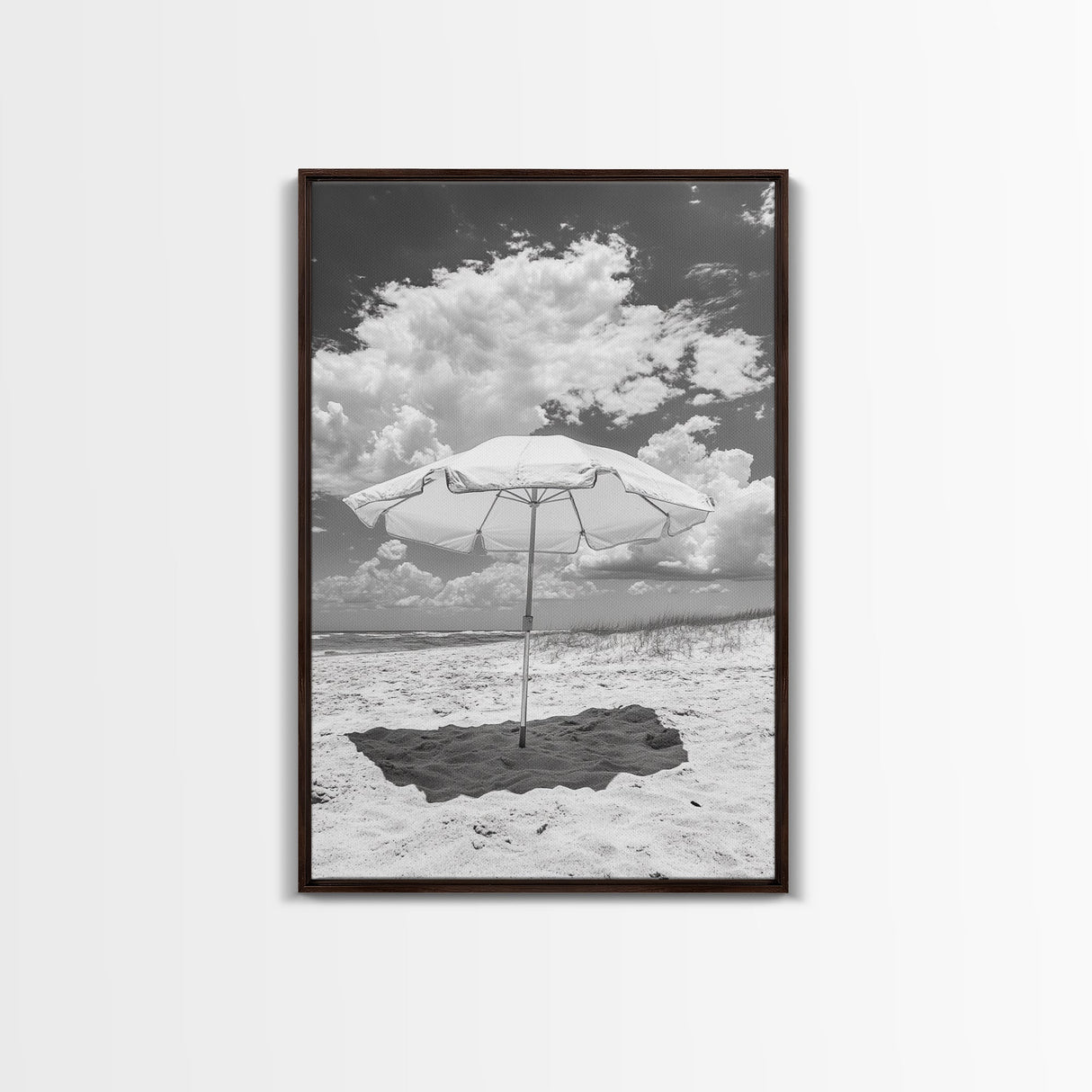 Beach Umbrella, Sunny Escape, Coastal Cloudscape, Framed Canvas Print, Summer Vibe Wall Art, Outdoor Living Decor, Travel Mood