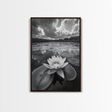 Tranquil Lotus, Cloud Reflections, Water Lily Pond, Framed Canvas Print, Zen Wall Art, Spa Bathroom Decor, Modern Nature Photography