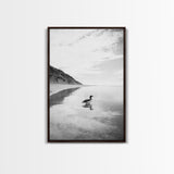 Lone Loon, Quiet Reflection, Coastal Bird, Framed Canvas Print, Nature Wall Art, Bathroom Decor, Serene Black and White Art