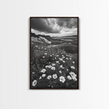 Meadow Bloom, Coastal Flowers, Stormy Sky, Framed Canvas Print, Spring Wall Art, Nature Photography, Kitchen Botanical Decor
