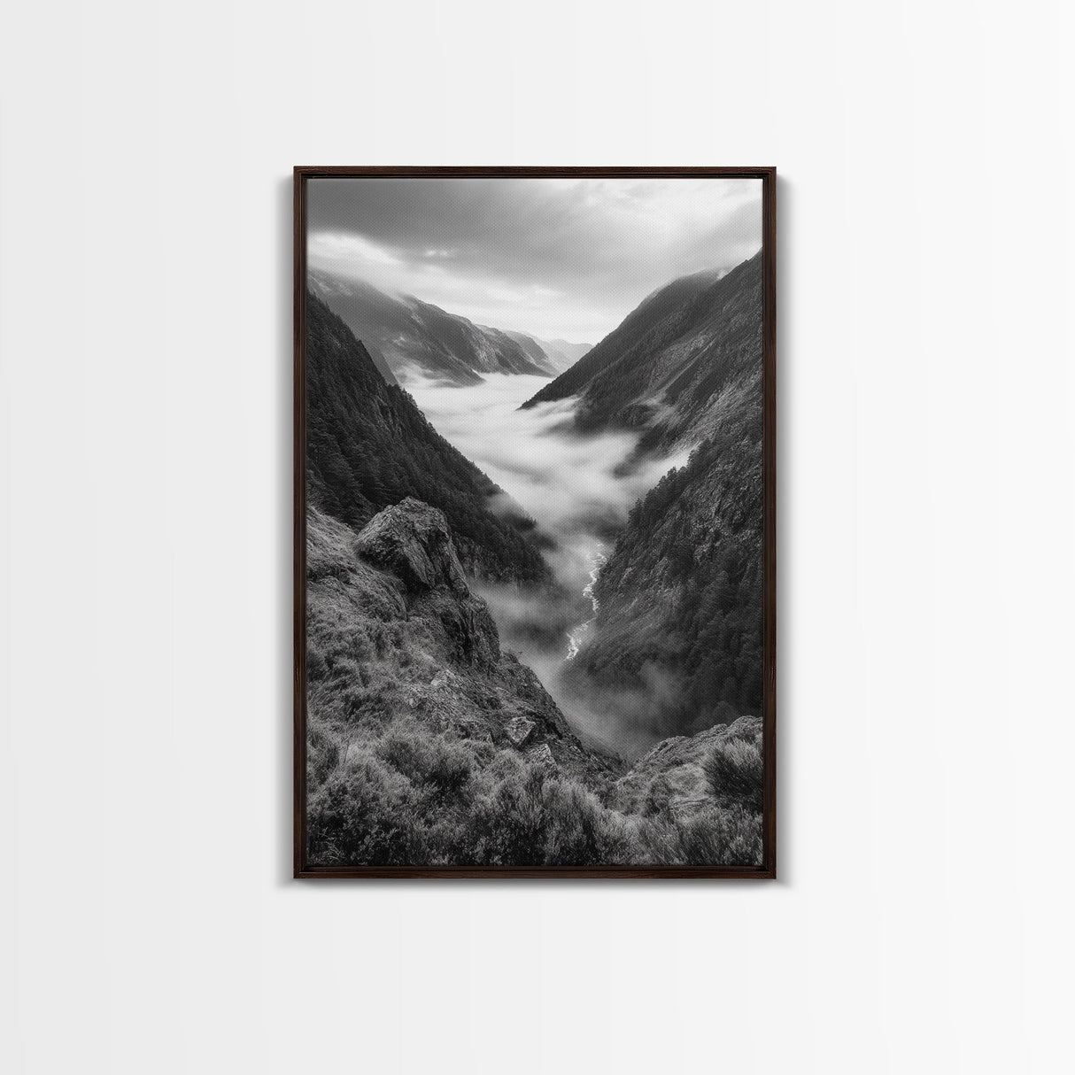 Foggy Mountain Valley, Nature Escape, Serene Wall Art, Framed Canvas Print, Adventure Photography, Cabin Autumn Decor