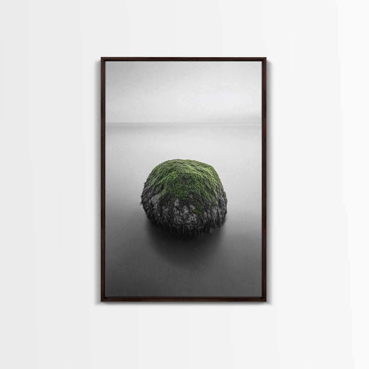 Moss Rock Minimal, Green Accent Art, Coastal Zen Decor, Framed Canvas Print, Modern Neutral Room, Nature Wall Aesthetic