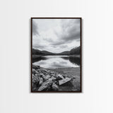 Misty Lake View, Peaceful Reflections, Nature Tranquility, Framed Canvas Print, Bedroom Wall Art, Black and White Landscape, Minimalist Art