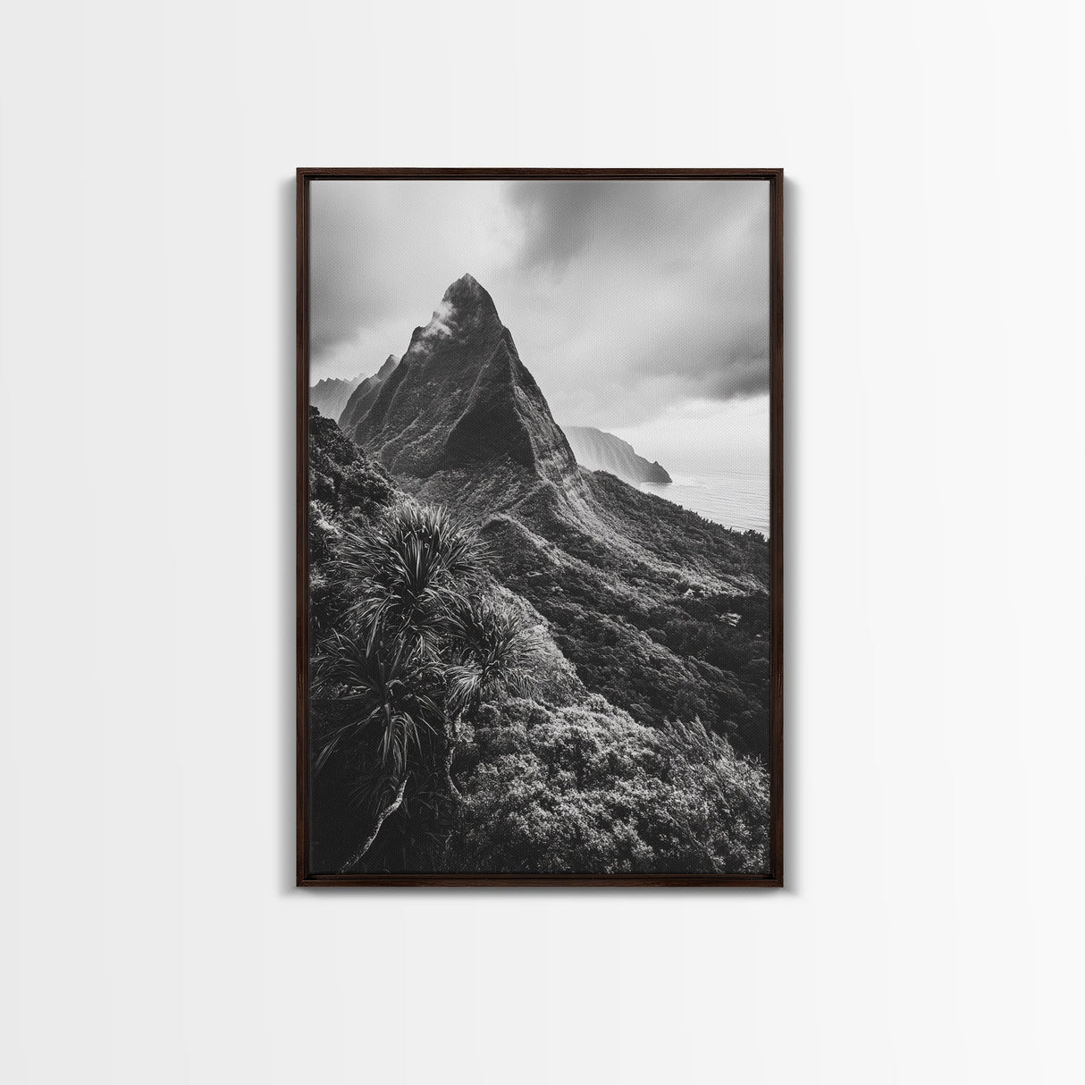 Lush Mountain Range, Cloud Covered Peaks, Jungle Tranquility, Framed Canvas Print, Entryway Wall Art, Black and White Nature, Boho Wall Art