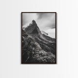 Lush Mountain Range, Cloud Covered Peaks, Jungle Tranquility, Framed Canvas Print, Entryway Wall Art, Black and White Nature, Boho Wall Art