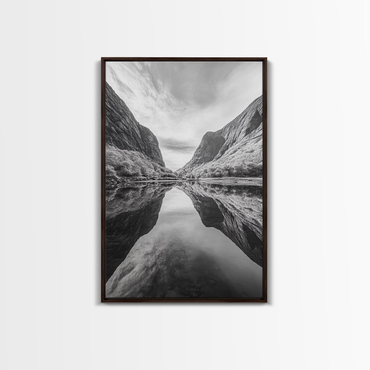 Fjord Reflection, Mountain Valley Calm, Mirror Lake, Canvas Print, Hallway Wall Art, Scandinavian Style Art, Black and White Minimalist