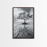 Lonely Tree, Coastal Roots, Ocean Breeze, Framed Canvas Print, Entryway Wall Art, Moody Nature Photography, Minimalist Earth Tones