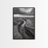 Winding Stream, Grassy Dunes, Ocean Horizon, Canvas Print, Kitchen Wall Art, Black and White Nature Scene, Coastal Rustic Decor
