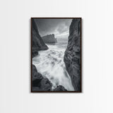 Stormy Coast, Crashing Waves, Ocean Drama, Framed Canvas Print, Living Room Wall Art, Bold Seascape Photography, Monochrome Modern Art