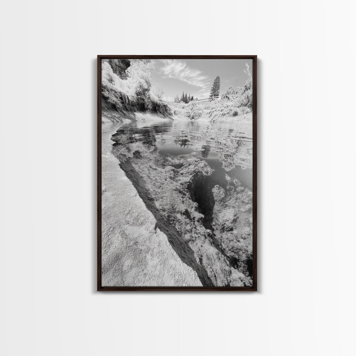 Reflective Riverbed, Nature Tranquility, Monochrome Landscape, Canvas Print, Bathroom Wall Art, Zen Decor, Fine Art Photography