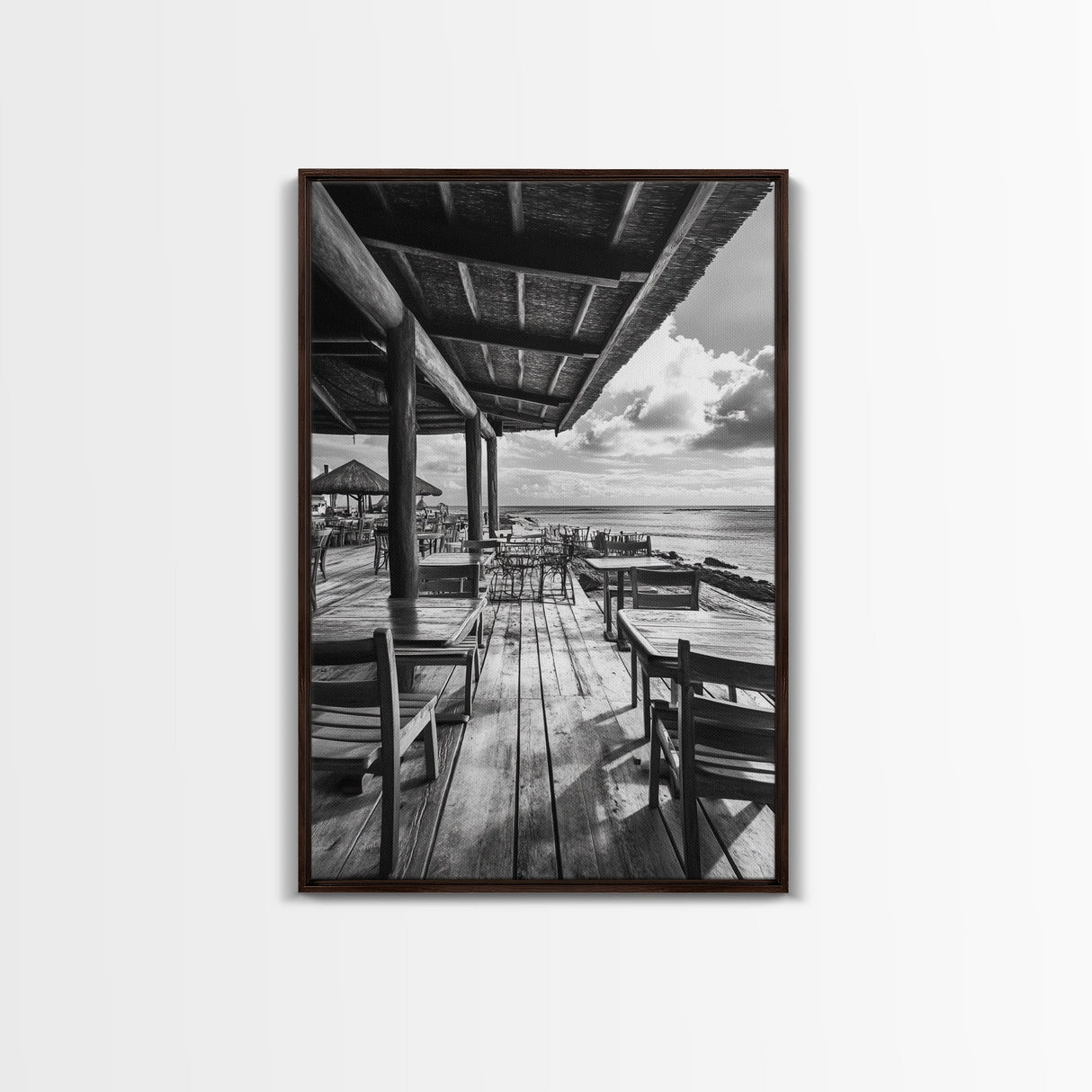 Seaside Café, Coastal Patio, Ocean View, Canvas Print, Rustic Kitchen Wall Art, Tropical Dining Decor, Travel Lifestyle Art