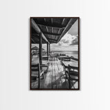 Seaside Café, Coastal Patio, Ocean View, Canvas Print, Rustic Kitchen Wall Art, Tropical Dining Decor, Travel Lifestyle Art