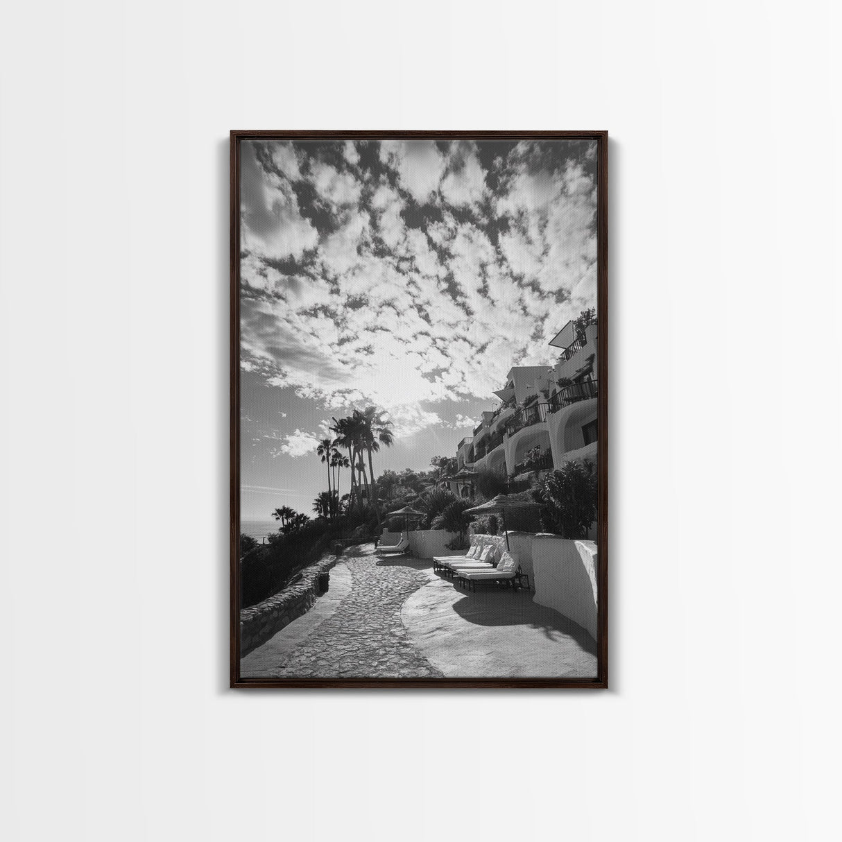 Mediterranean Villa, Palm Tree Art, Coastal Pathway, Framed Canvas Print, Living Room Decor, Summer Wall Art, Black and White Photography