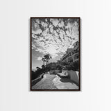 Mediterranean Villa, Palm Tree Art, Coastal Pathway, Framed Canvas Print, Living Room Decor, Summer Wall Art, Black and White Photography