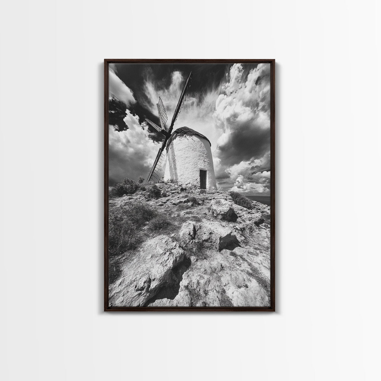 Windmill Hill, Dramatic Sky Art, European Landscape, Framed Canvas Print, Entryway Wall Art, Rustic Decor, Monochrome Photography