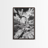 Windmill Hill, Dramatic Sky Art, European Landscape, Framed Canvas Print, Entryway Wall Art, Rustic Decor, Monochrome Photography