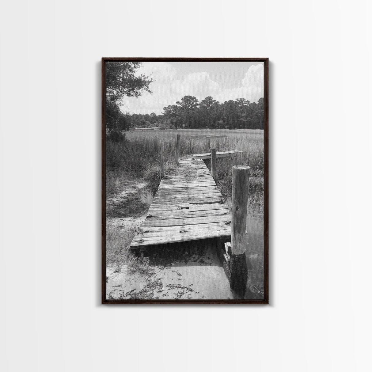 Marsh Dock, Southern Nature, Weathered Pier, Framed Canvas Print, Guest Room Wall Art, Rural Landscape, Fall Wall Art, Country Style