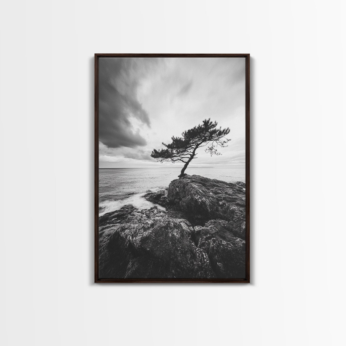 Lone Tree, Cliffside Ocean, Windy Coast Art, Framed Canvas Print, Bedroom Wall Art, Modern Nature Photography, Coastal Minimalist Decor
