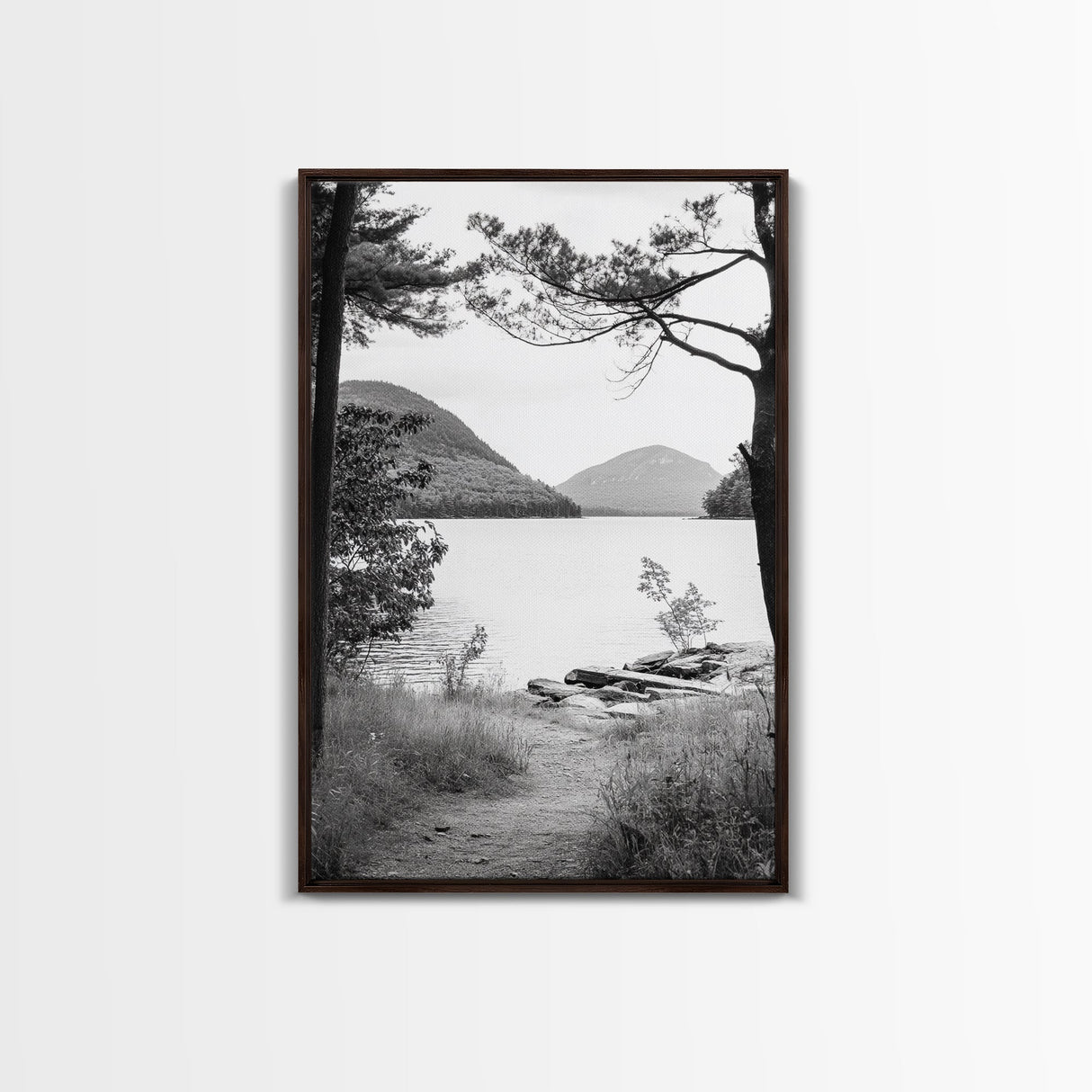 Forest Lake, Mountain View, Peaceful Trail, Framed Canvas Print, Cabin Decor, Fall Landscape, Living Room Art, Tranquil Nature Print