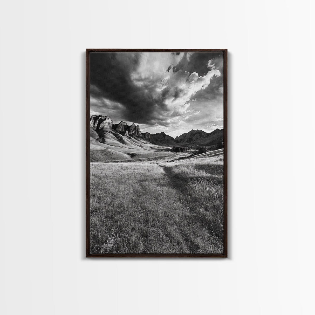 Mountain Valley, Stormy Sky, Western Landscape, Framed Canvas Print, Office Wall Art, Moody Nature Decor, Fall Art, Wilderness Style